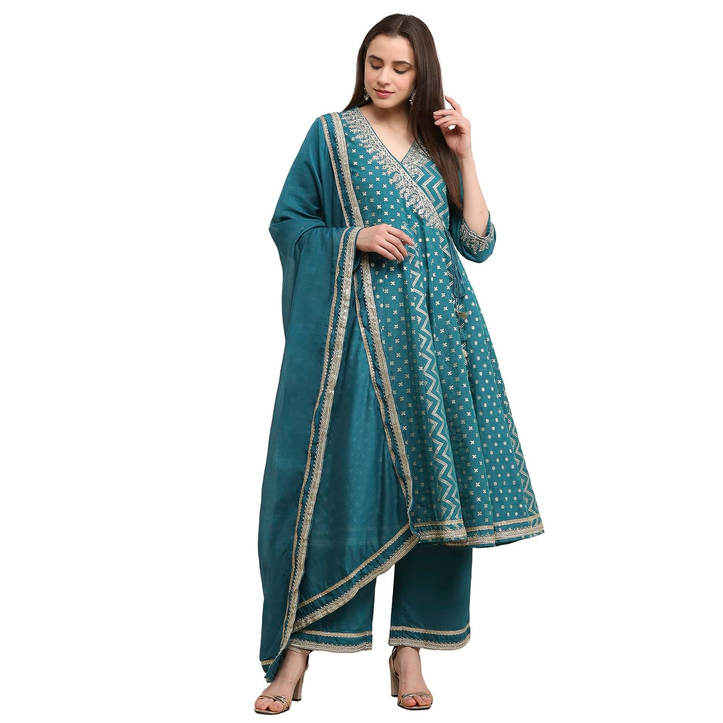 Biba Women Teal Green Poly Cotton Anarkali Suit Set_34