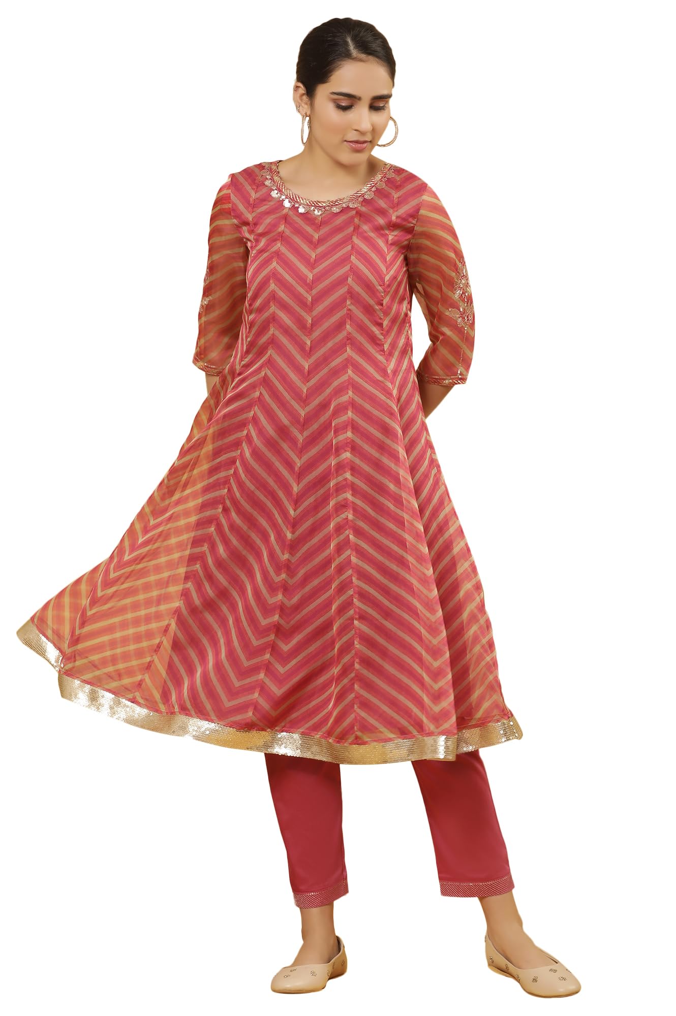 W for Woman Pink Festive Striped Print Organza Flared Kurta Set with Straight Pant_24FEWS19928-121974_XL