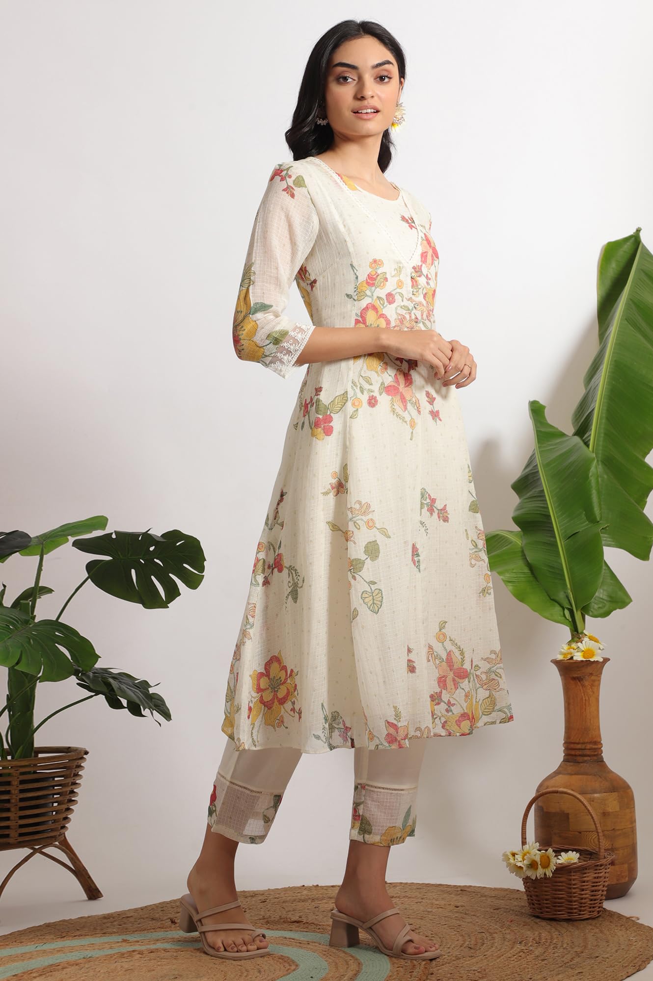 W for Woman White Floral Printed Mock Layered Kota Flared Kurta and Pants Set with Dupatta (Size: XS)-WS11600-124279