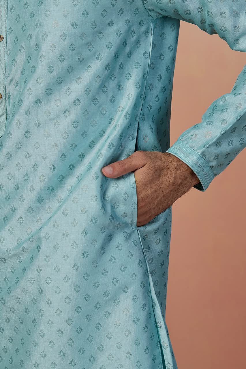 Manyavar Men's Sea Green Kurta Pajama With Golden Motifs (2pcs) (Aqua Green,S)
