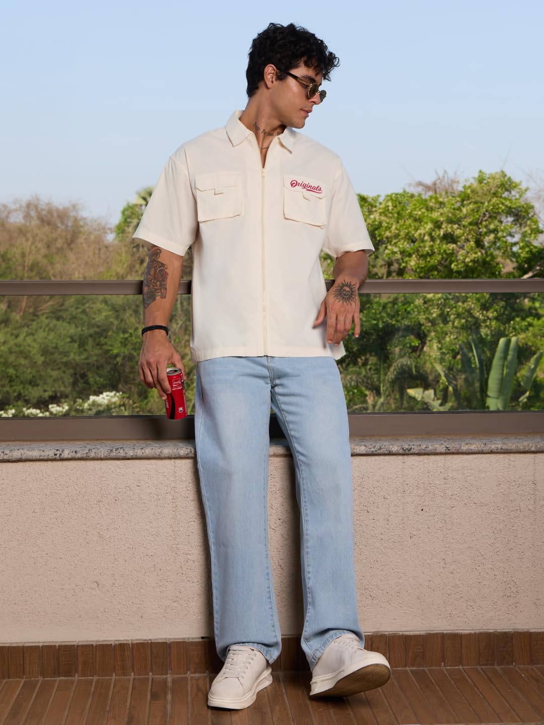 The Souled Store Solids : Off-White Men and Boys Long Sleeve Collared Neck Button Down Regular Fit Cotton Utility Shirts