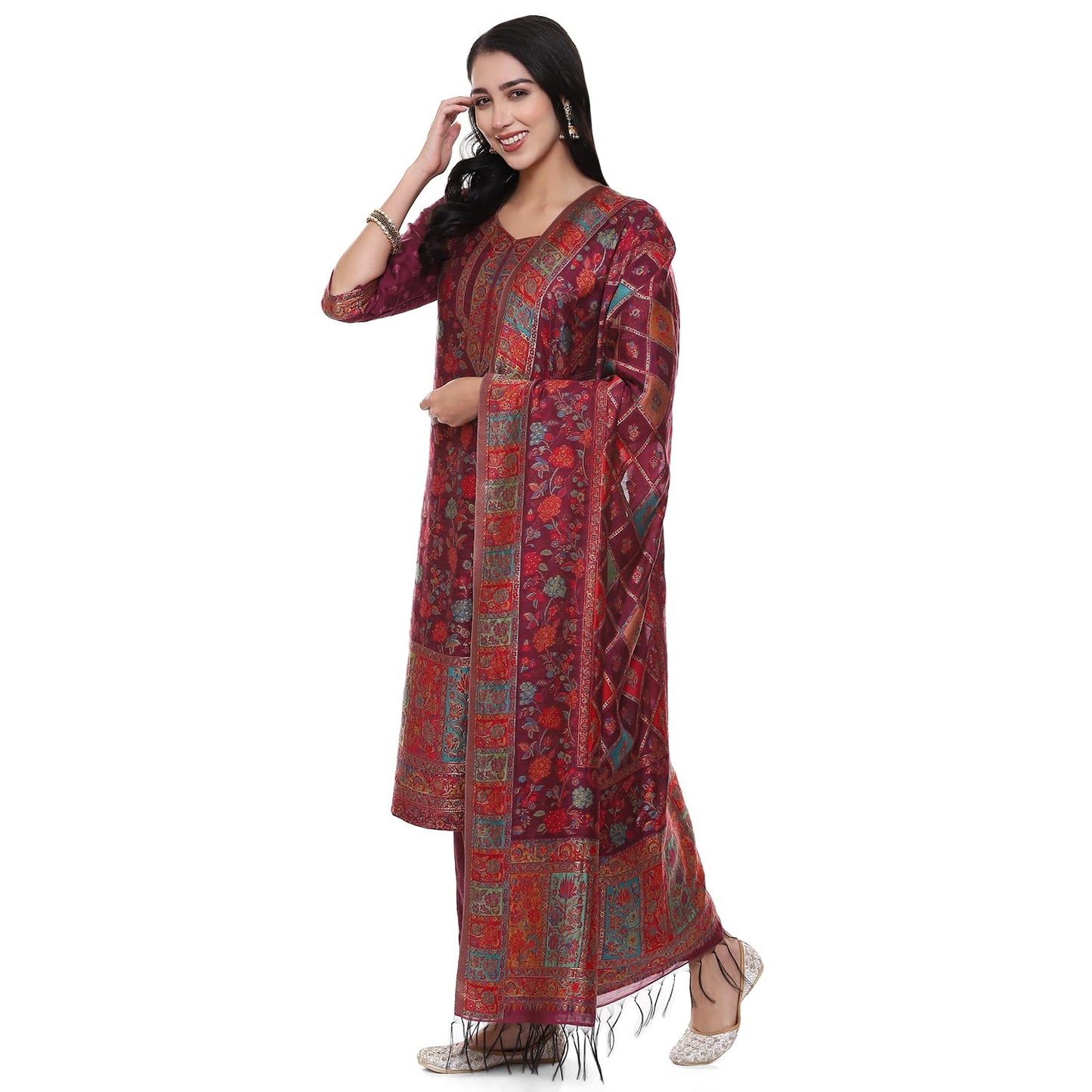 BIBA Women YARNDYED STRAIGHT KURTA SALWAR KURTA DUPATTA(SKDARTSY WE9102_WINE_34)