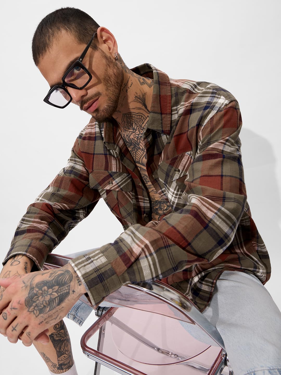 The Souled Store Plaid Originals: Brown, Rust, Black Men and Boys Long Sleeve Collared Neck Regular Fit Cotton Button Down Utility Shirt