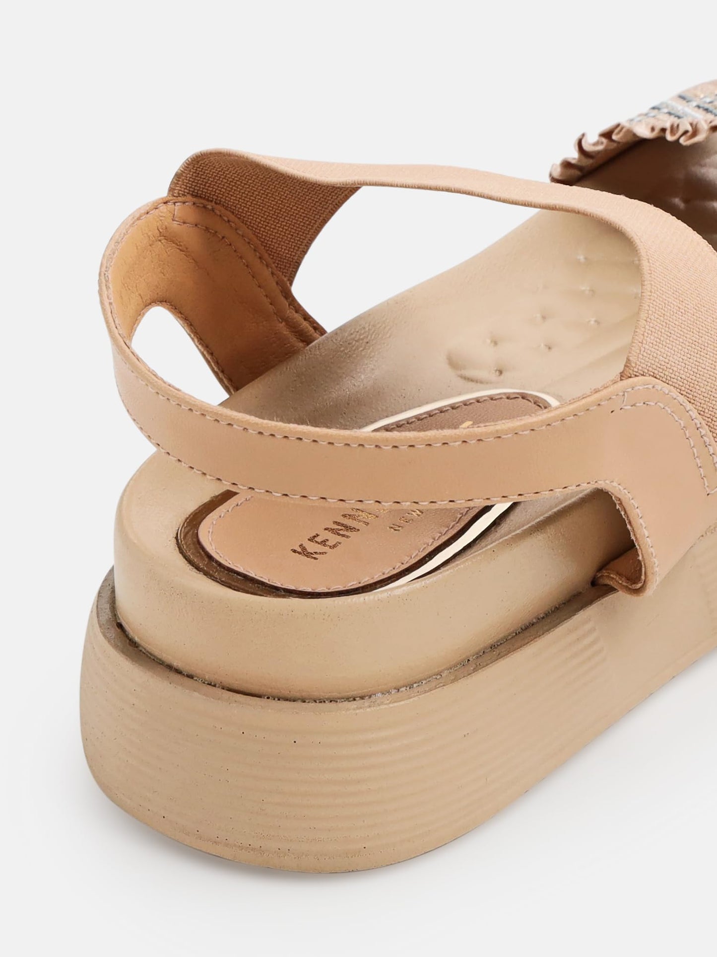 Kenneth Cole Women's Flatform Sandal | Premium Synthetic Upper | Ladies Open-Toe, Slingback Design, Cushioned Footbed | Dazzling Beaded-Embellished Vamp Strap, Ruffled Edges | Elevated Contemporary Style, Effortless Comfort & Chic Appeal | Beige, UK6