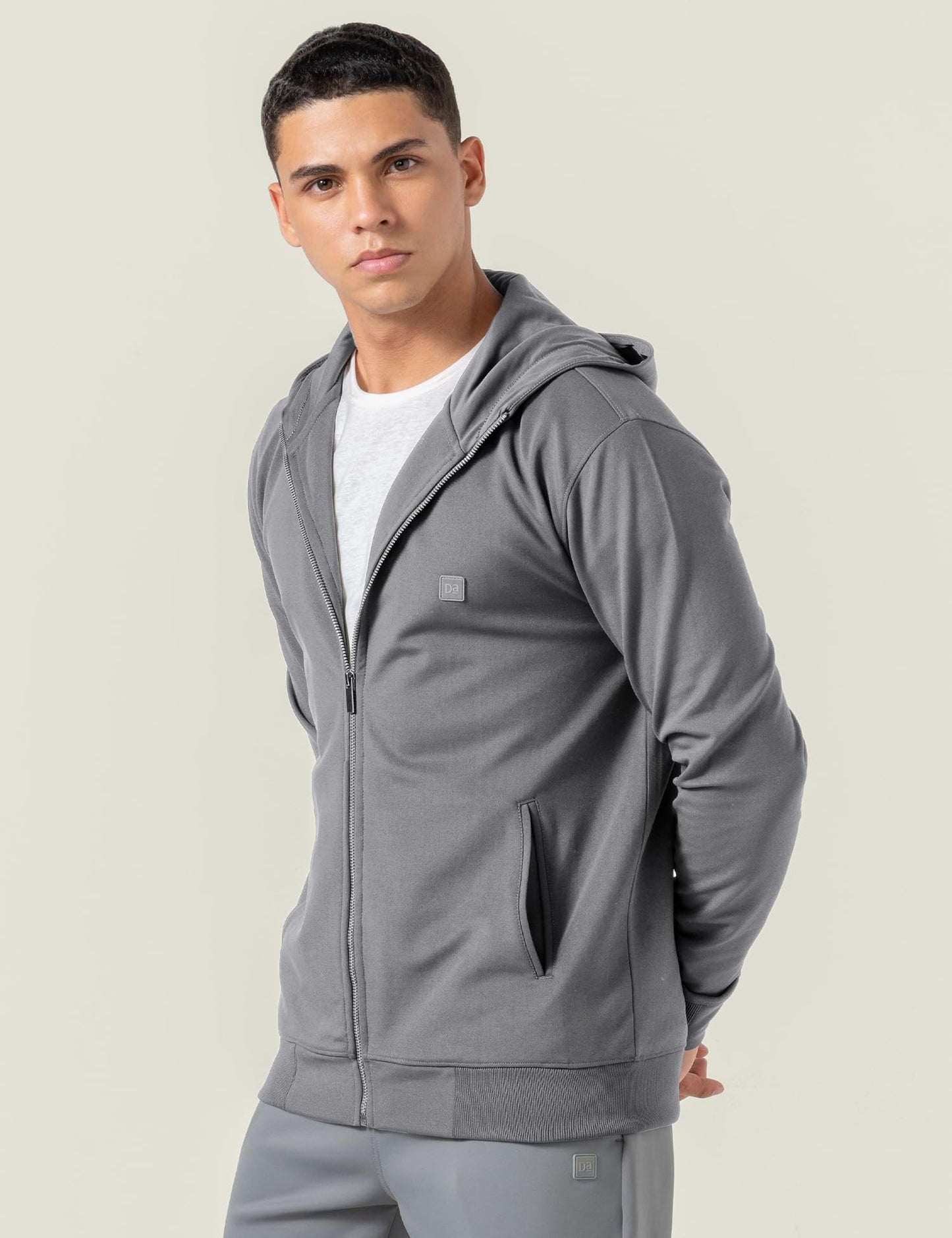 DAMENSCH Regular Fit Matt Solid Premium Microfibre Elastane Zipper Hoodie Dyes Soft Inner Fleece Fabric for Softer Feel, Comfortable Casual Wear Hoodie for Men - City Grey - L