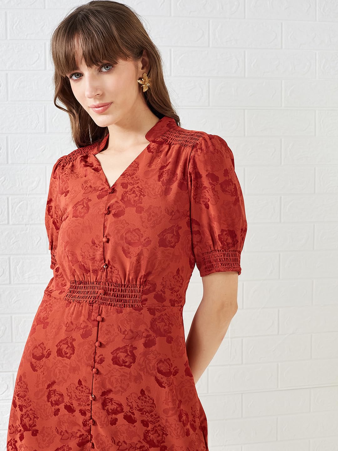 Latin Quarters Women's Red Half Sleeves Mandarin Collar Self Design Casual Midi Dress