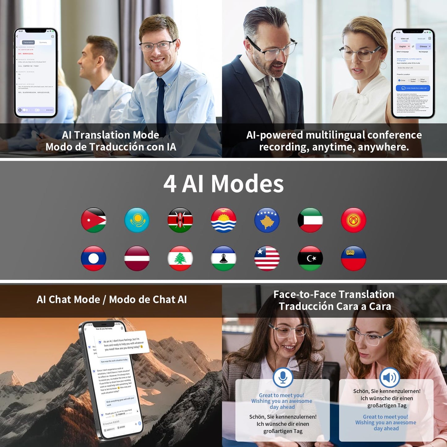 Smart AI Translator Glasses, Clear Blue Light Glasses for Woman Men, Simultaneous Interpretation Eyeglasses for 110+ Languages, Real-Time Translation, Remote Shooting,AI Smart Sunglasses for Travel -S