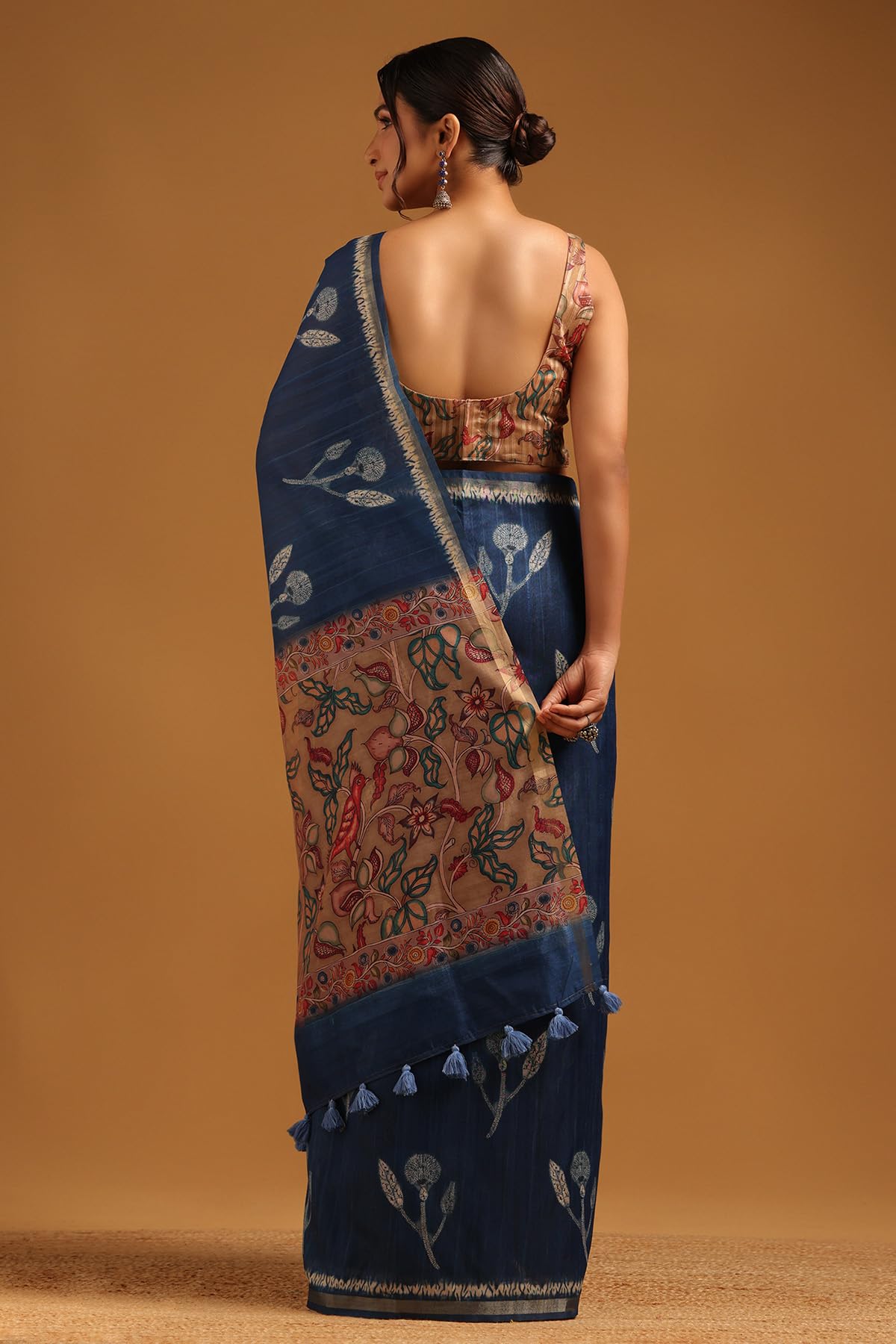 Soch Womens Navy Blue Tussar Botanical Saree