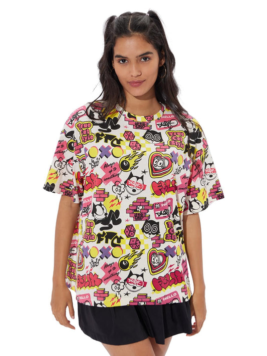 The Souled Store Official Felix The Cat: Graffiti Women and Girls Short Sleeves Round Neck Multicolor All Over Printed Cotton Oversized T-Shirts