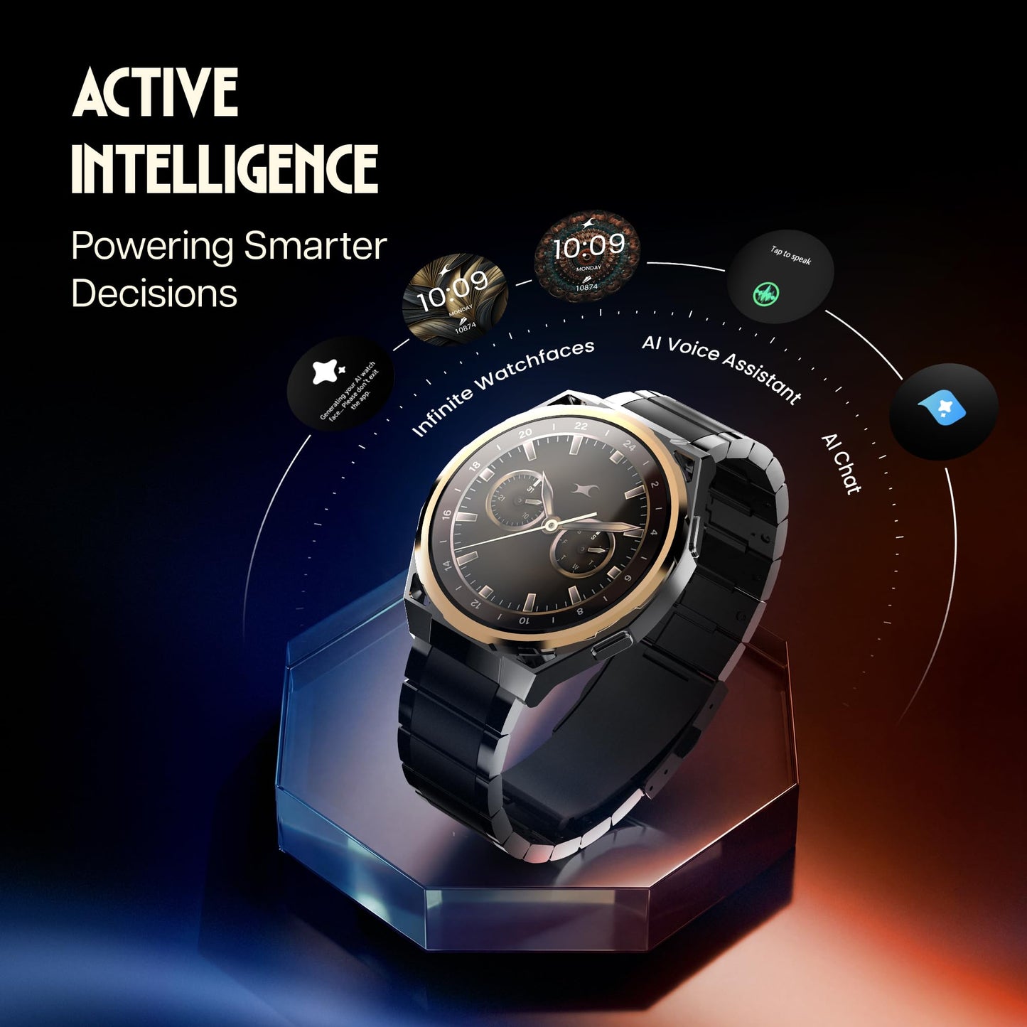 Fastrack Marvellous FX3 Smartwatch with 1.43” AMOLED Display, Metal Case & Strap, Slim 10.4mm Design, AI Watchfaces, BT Calling, HRM, SpO2 & Sleep Tracking, IP68, Additional Silicone Strap - Black