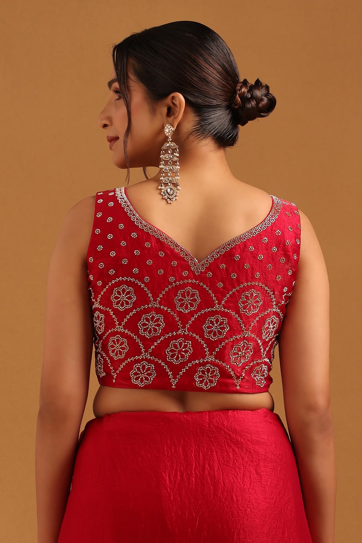 Soch Womens Red Fendy Organza Saree With Stone Work