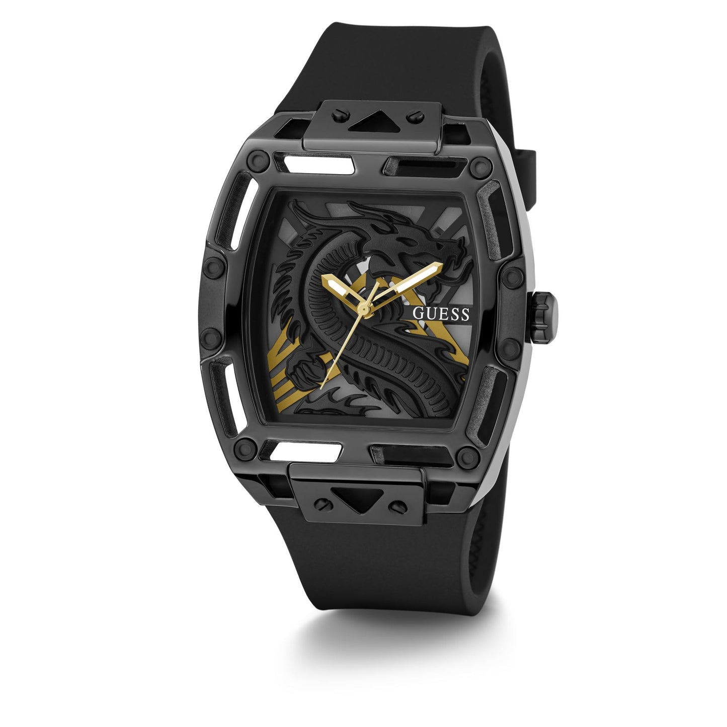 GUESS Silicone Men 44Mm Analog Watch - Black Strap Black Dial Black Case, Black/Black/Gold, Classic, Black Band
