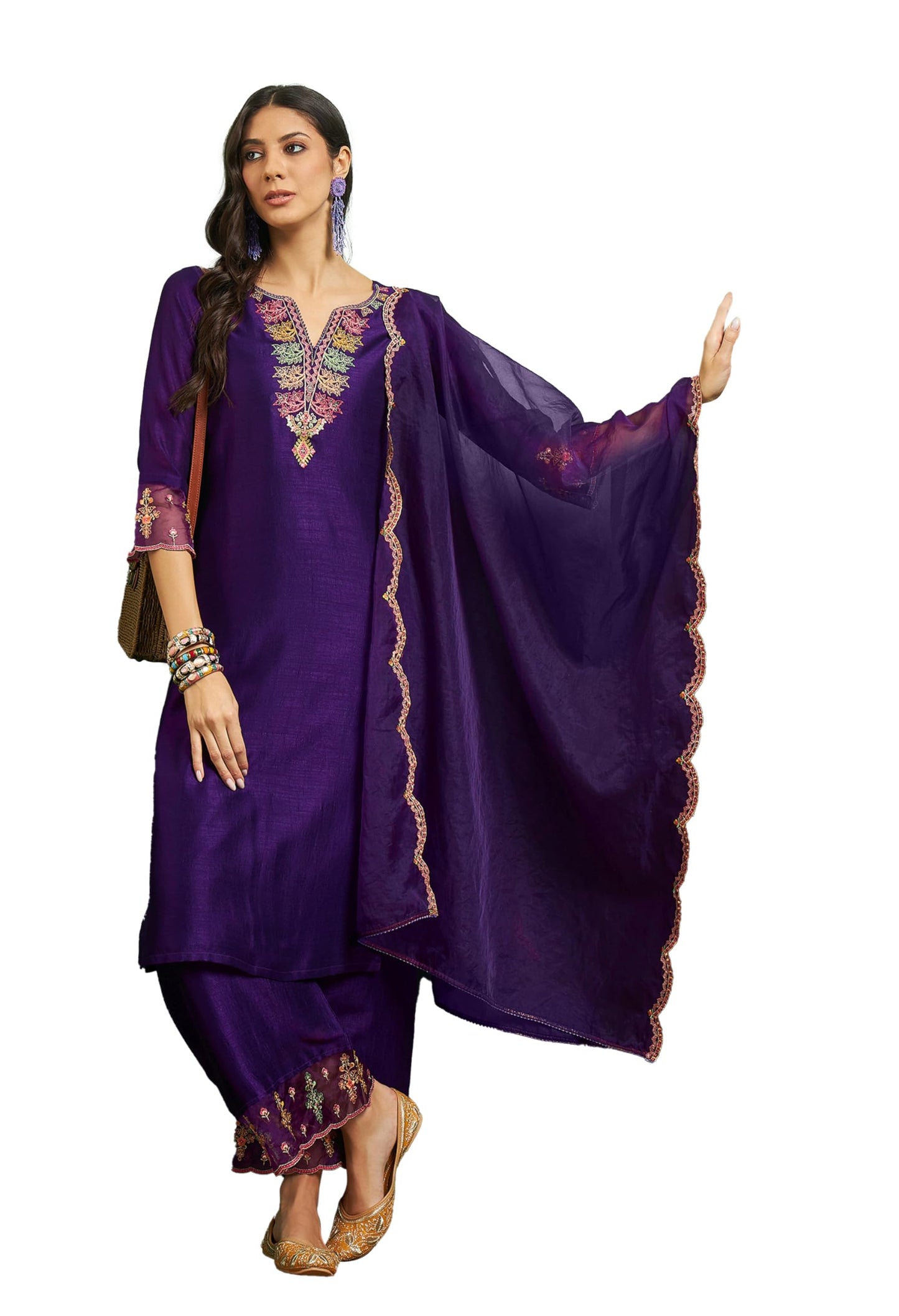 SheWill Women's Purple Embroidered Notch Neck Silk Blend Kurta Set with Palazzo & Organza Dupatta | Sangria Kurta Set for Women Navratri Kurta