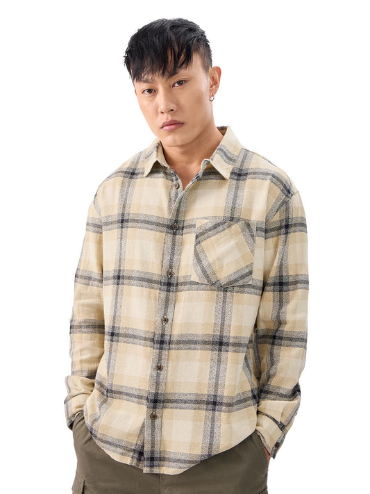 The Souled Store Plaid: Blue, White, Yellow Men and Boys Long Sleeves Collared Neck Button Front Cotton Relaxed Fit Shirts