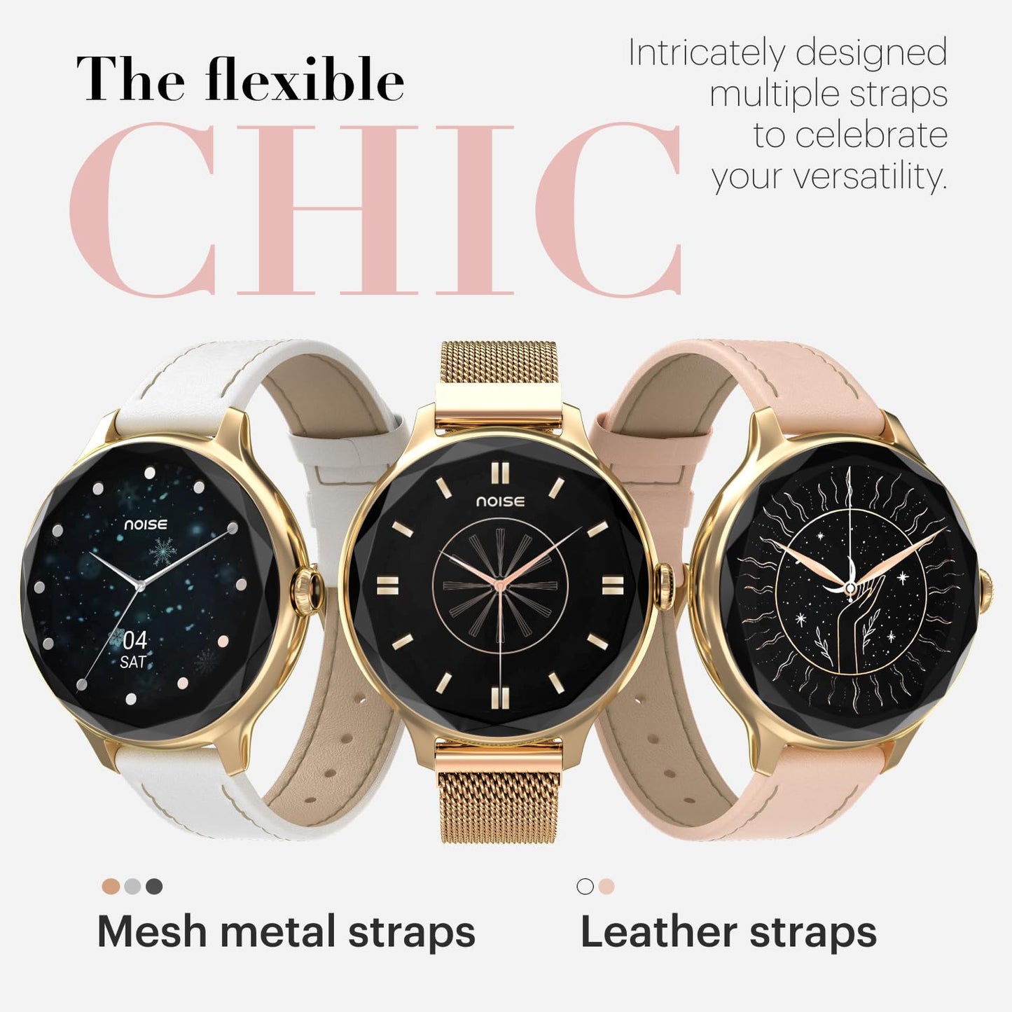 Noise Diva Smartwatch with Diamond Cut dial, Glossy Metallic Finish, AMOLED Display, Mesh Metal and Leather Strap Options, 100+ Watch Faces, Female Cycle Tracker Smart Watch for Women (Silver Link)