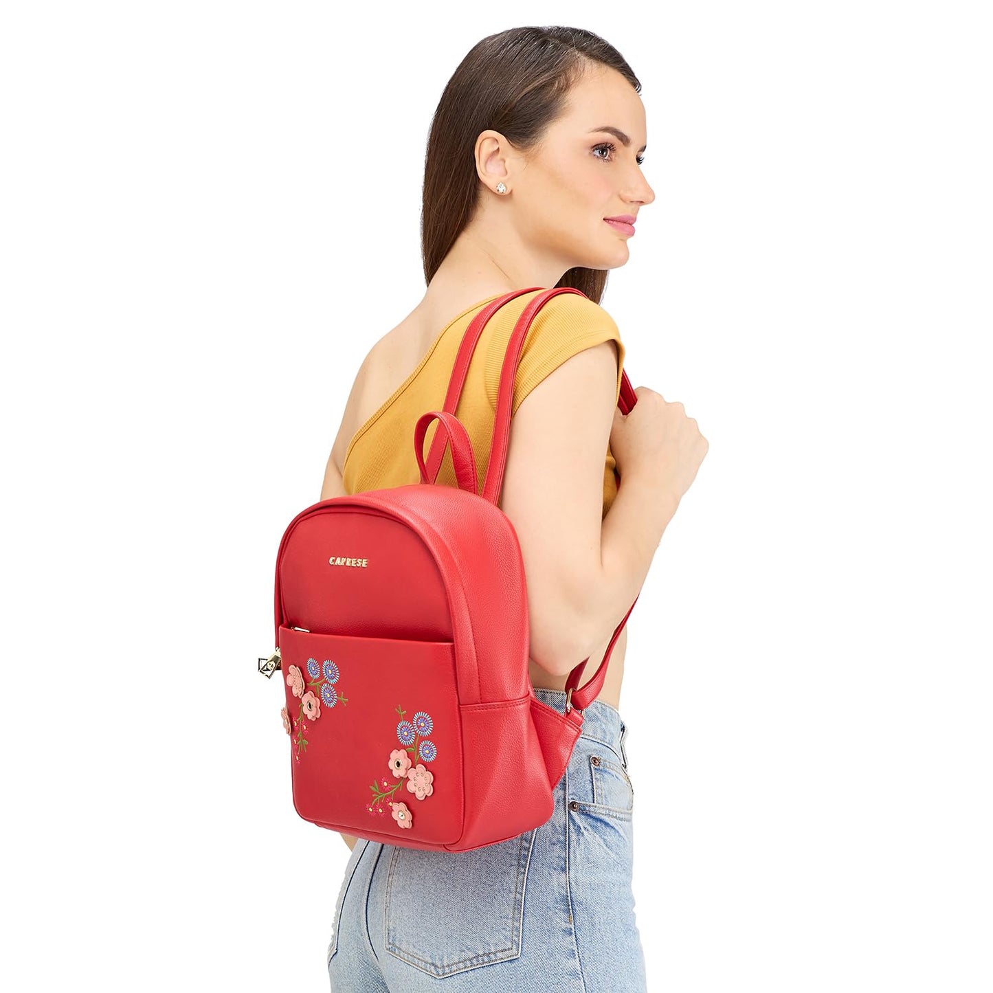 Caprese Erica Casual Backpack, Medium | Floral Embroidered Backpack for Women with Adjustable Shoulder Strap & Secure Zip Closure | Spacious, Versatile for Everyday Outings and Travel (Maroon)
