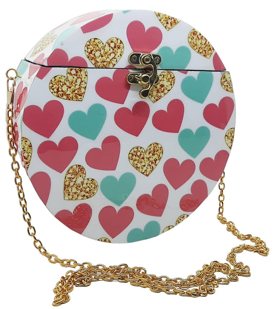 Trend Overseas Women's Handmade Wooden Printed Round Ethnic Clutch Bag/Bridal Purse/Handbag_Crossbody Sling Bags for Party (7.5 Inch) (Pink Heart)