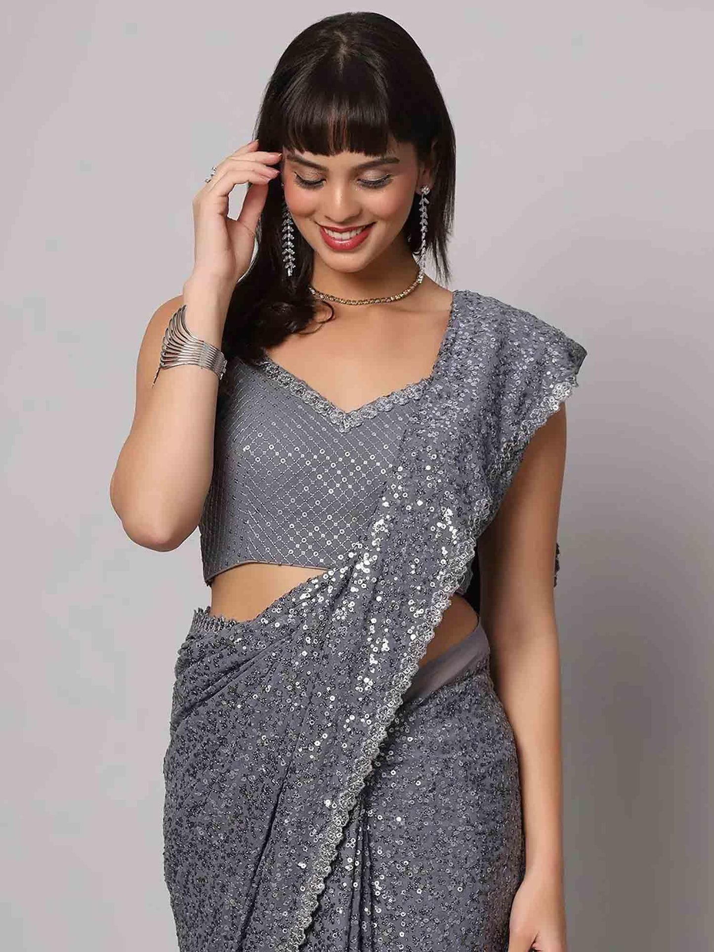 Zeel Clothing Women's Grey Sequins Work Heavy Georgette Saree with Blouse (1007-Slate-Grey-Sequins-Party-Saree-New, Slate Grey)