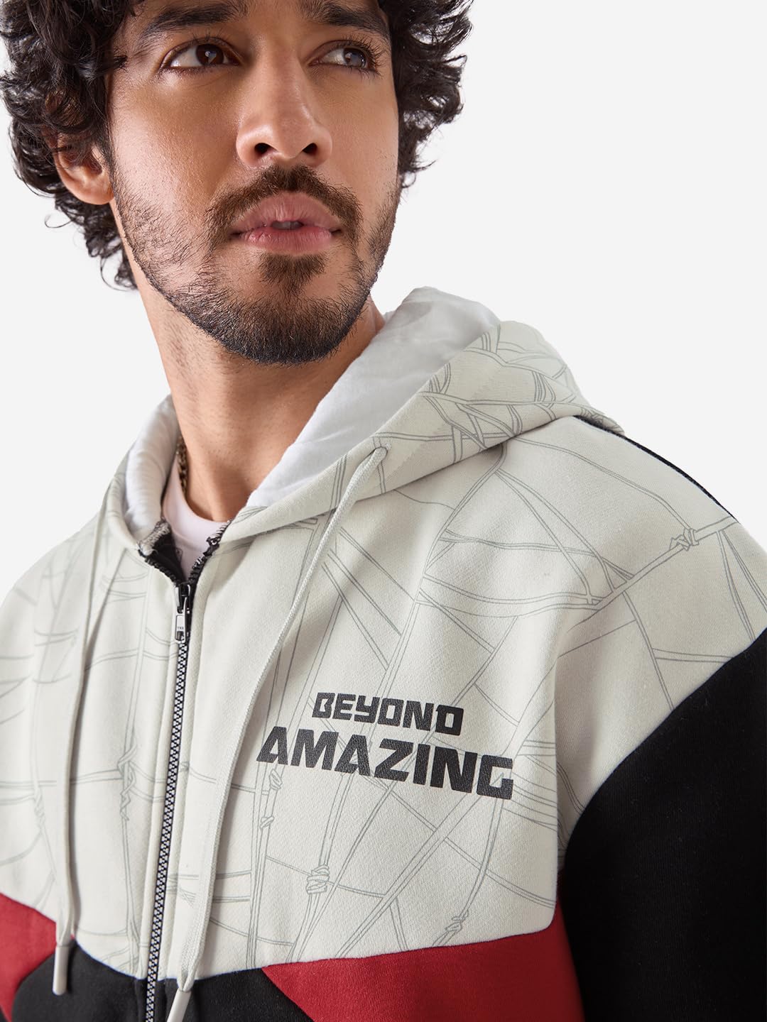 The Souled Store Spiderman: Beyond Amazing Men and Boys Hooded Neck Long Sleeve Graphic Printed Black and Grey Oversized Fit Zipper Hoodie Oversized Hoodies Sweatshirts Pullovers Graphic Printed