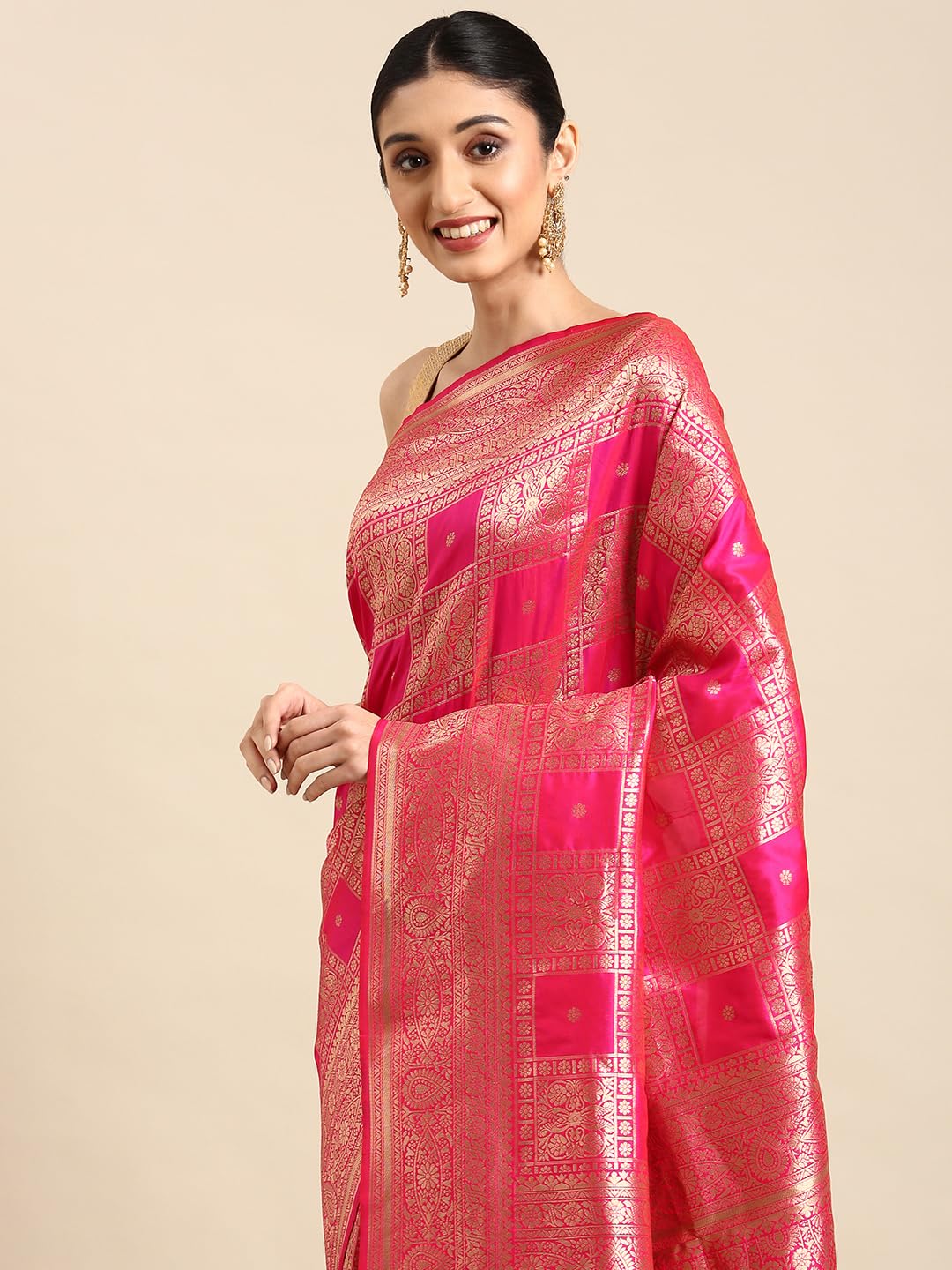 AMIRAT Women's Banarasi Silk Woven Zari Saree | Banarasi Silk New Look And Heavy Designer Saree With Unstitched Blouse Piece (Pink)