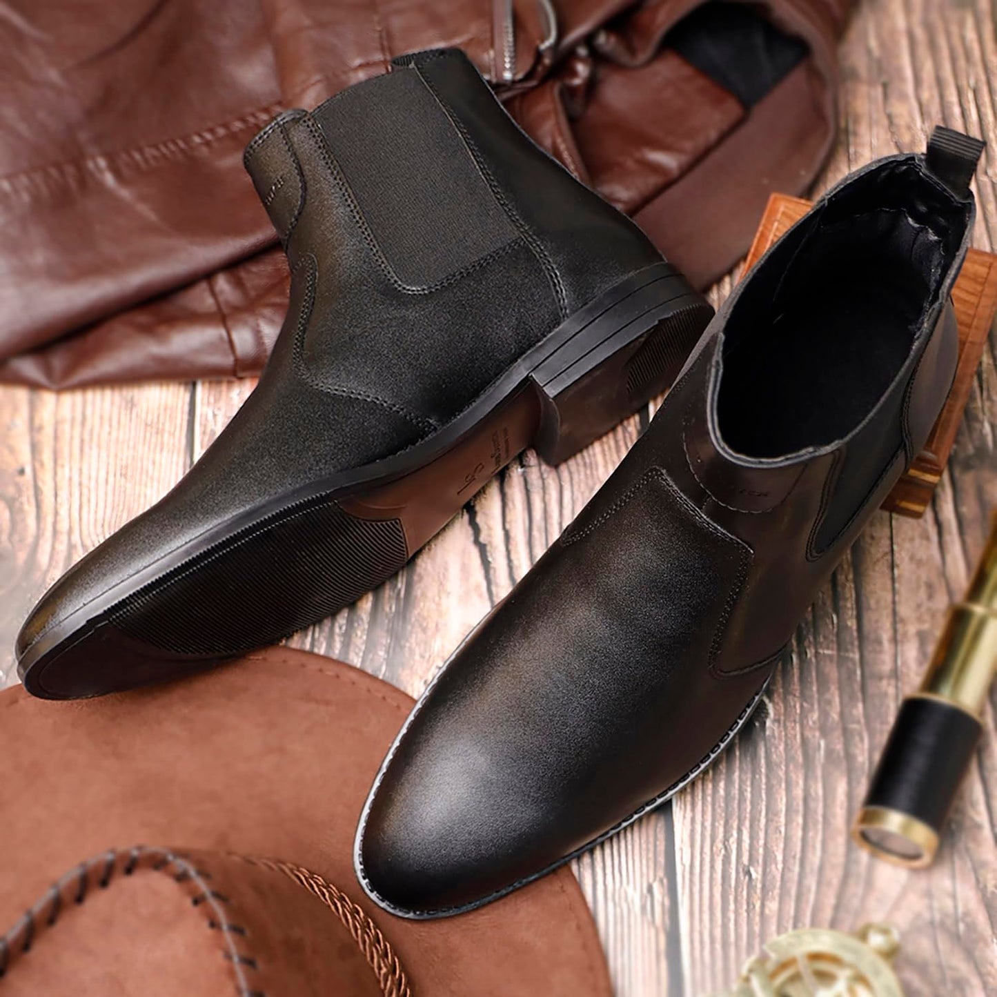 LOUIS STITCH Men's Chelsea Boots | Handcrafted | High Ankle Boot| Comfortable Formal Office & Casual Wear Shoes | Dual Tone Patina Finish | Size-UK010 Obsidian Black (LSRG_CL)