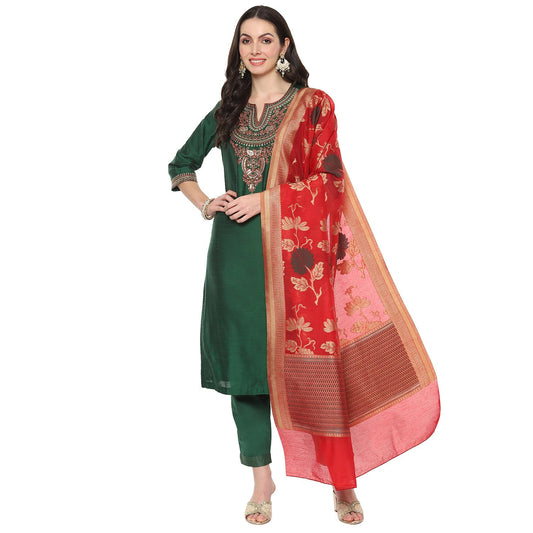 BIBA Women's Cotton Blend Embroidery Straight Salwar Kurta Dupatta (Skdbanarasi8852_Green/Red_34)