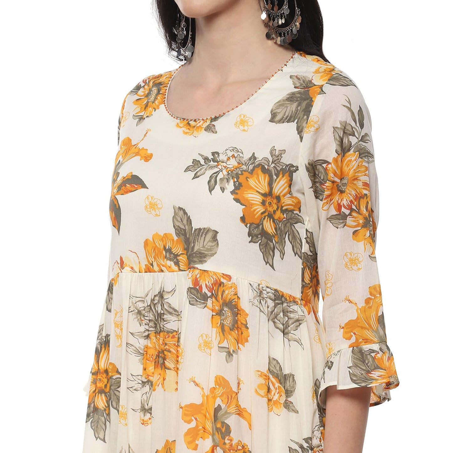 BIBA Women PRINTED TIRED SALWAR KURTA DUPATTA(SKDSUMMER BREEZE9409_OFF WHITE_36)