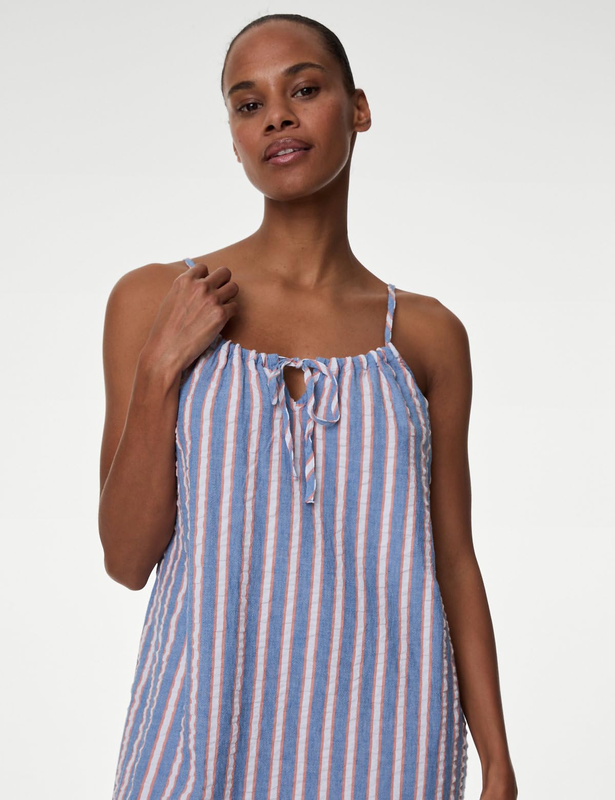 Marks & Spencer Pure Cotton Waffle Striped Chemise Bright Blue