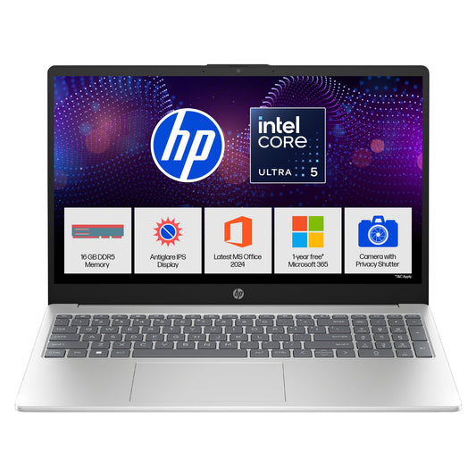 HP 15, Intel Core Ultra 5 125H Laptop (16GB DDR5,1TB SSD) IPS, Anti-Glare, Micro-Edge, 15.6''/39.6cm, FHD, Win11,M365,Office24, Silver,1.65kg, FHD Camera w/Privacy Shutter & TNR, Backlit, fd1255TU