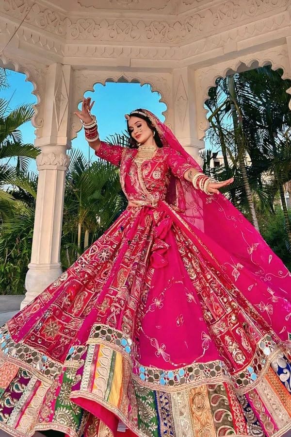 Women's Real Mirror Work Cotton Pink Lehenga Choli For Navratri
