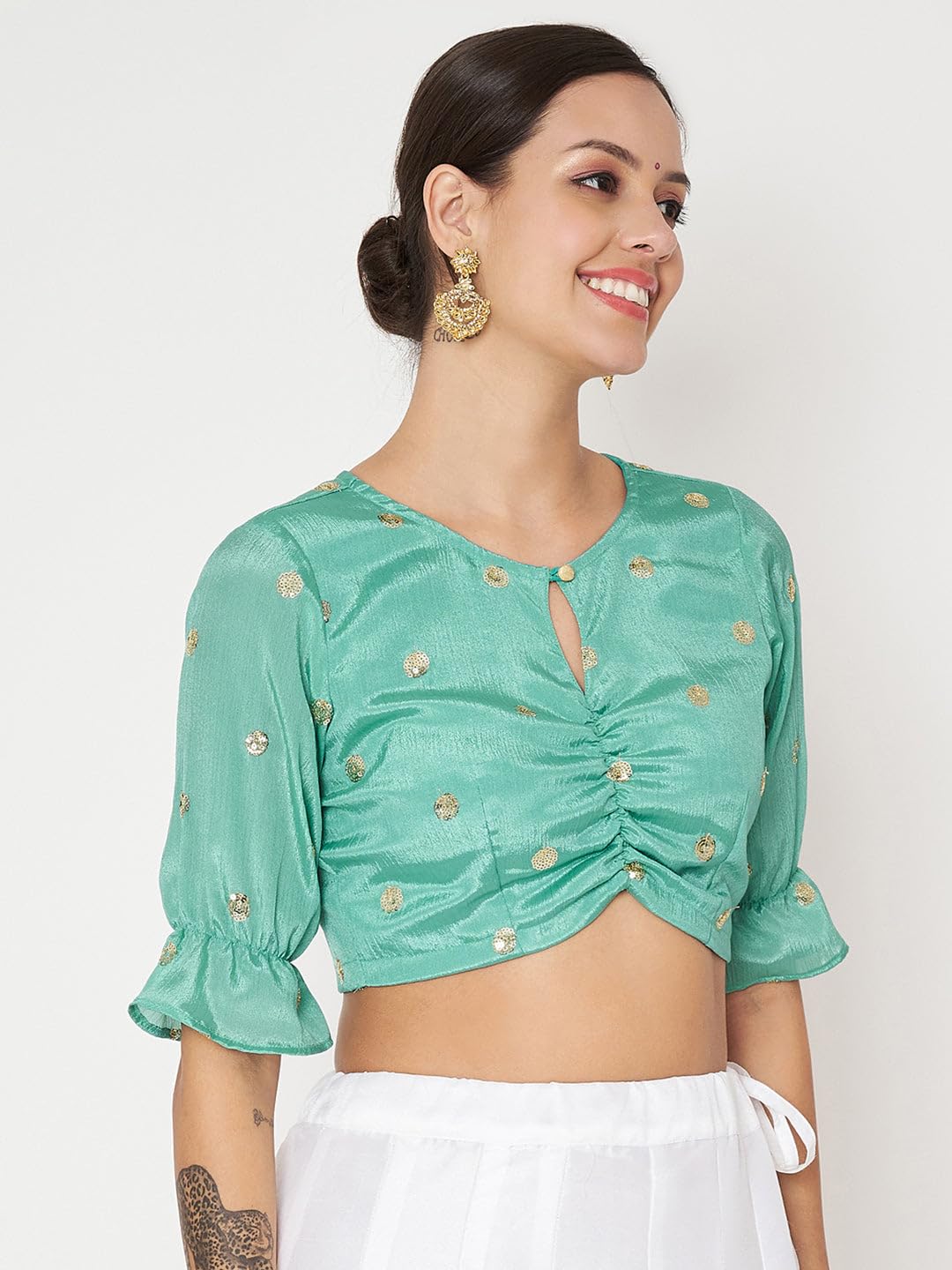 studio rasa Women's Chinon Sequin Embroidered Readymade Saree Blouse for Wedding Festive Party (TPWC524BL65L_Teal_Large)