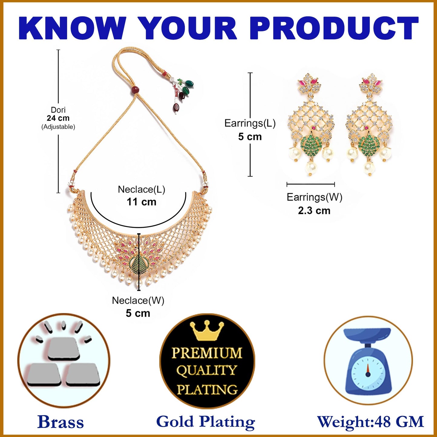 ZENEME Gold Plated White & Red American Diamond Studded With Drop Pearl Beaded Jewellery Set For Women & Girl (Design 3)