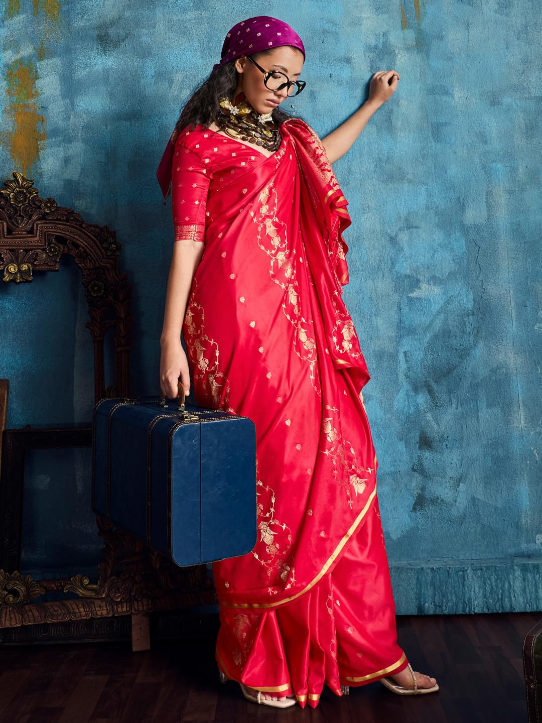 AKHILAM Women's Red Satin Traditional Prints Tassels and Latkans Saree With Unstitched Blouse Piece | saree for woman | Designer Saree for Women