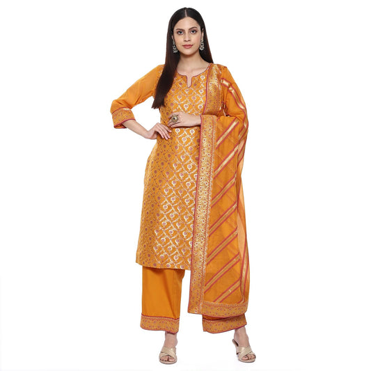 BIBA Women's Polyester Blend Kurta Palazzo Suit Set Yellow M