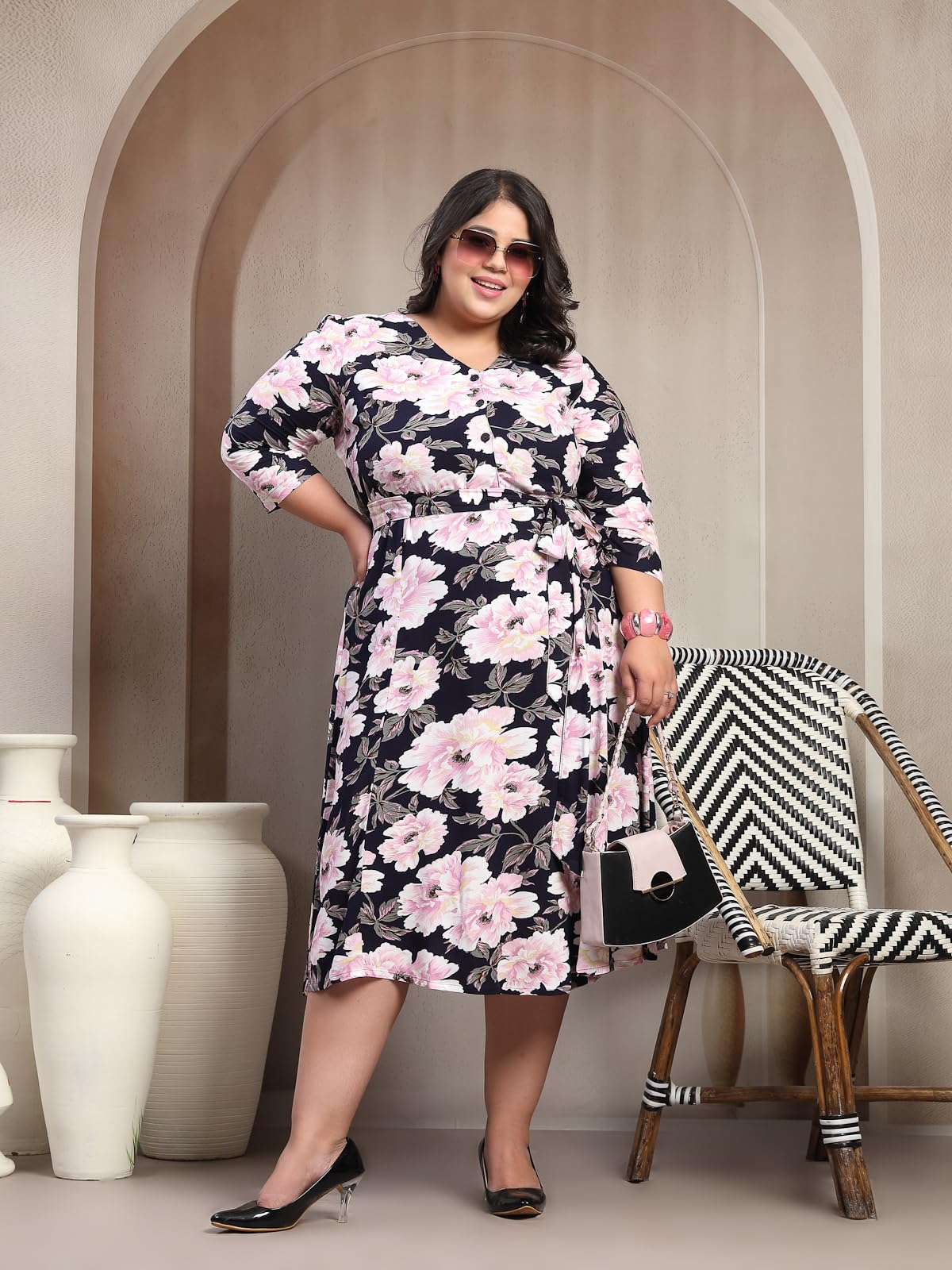Women Plus Size Floral Print Puff Sleeve Maxi Dress (LDR20244-NAVYPINKFLORAL-6XL)