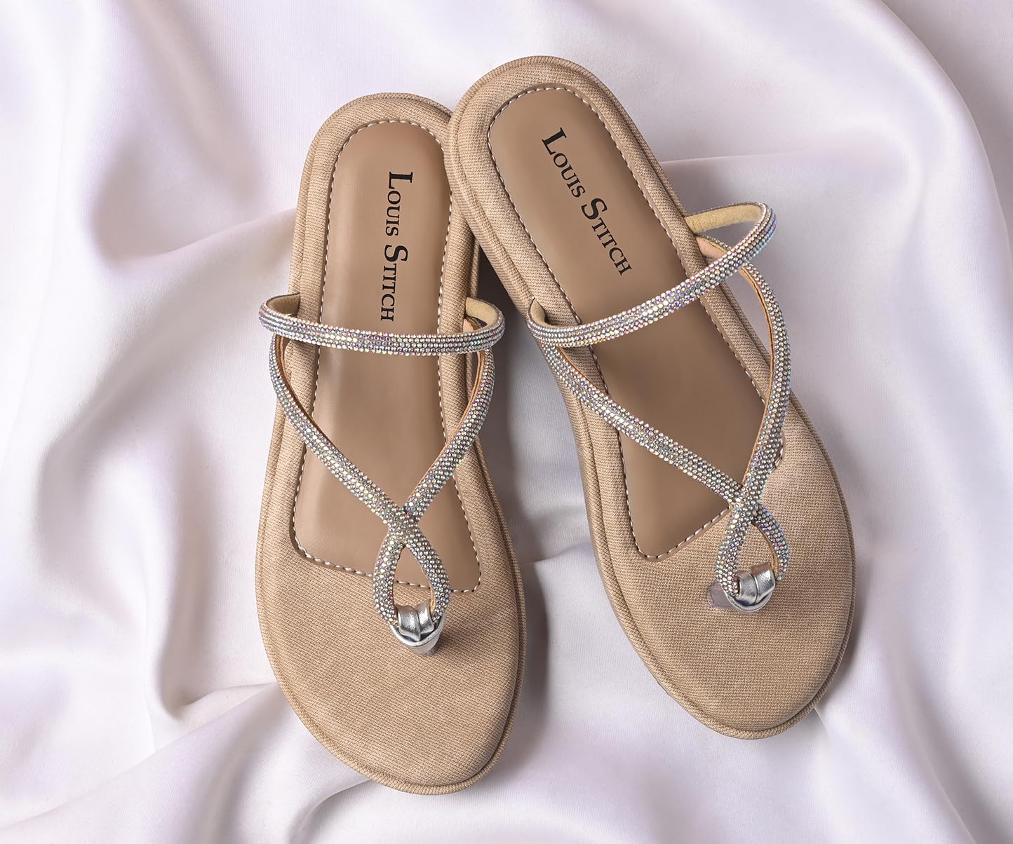 LOUIS STITCH Women’s Slip-On Platform Heel T-Strap Sandals | Open Toe Stylish Beige Wedge Heel Sandal for Ladies, Fashionable Sandal | LSOF-LDPS-GLCSBG