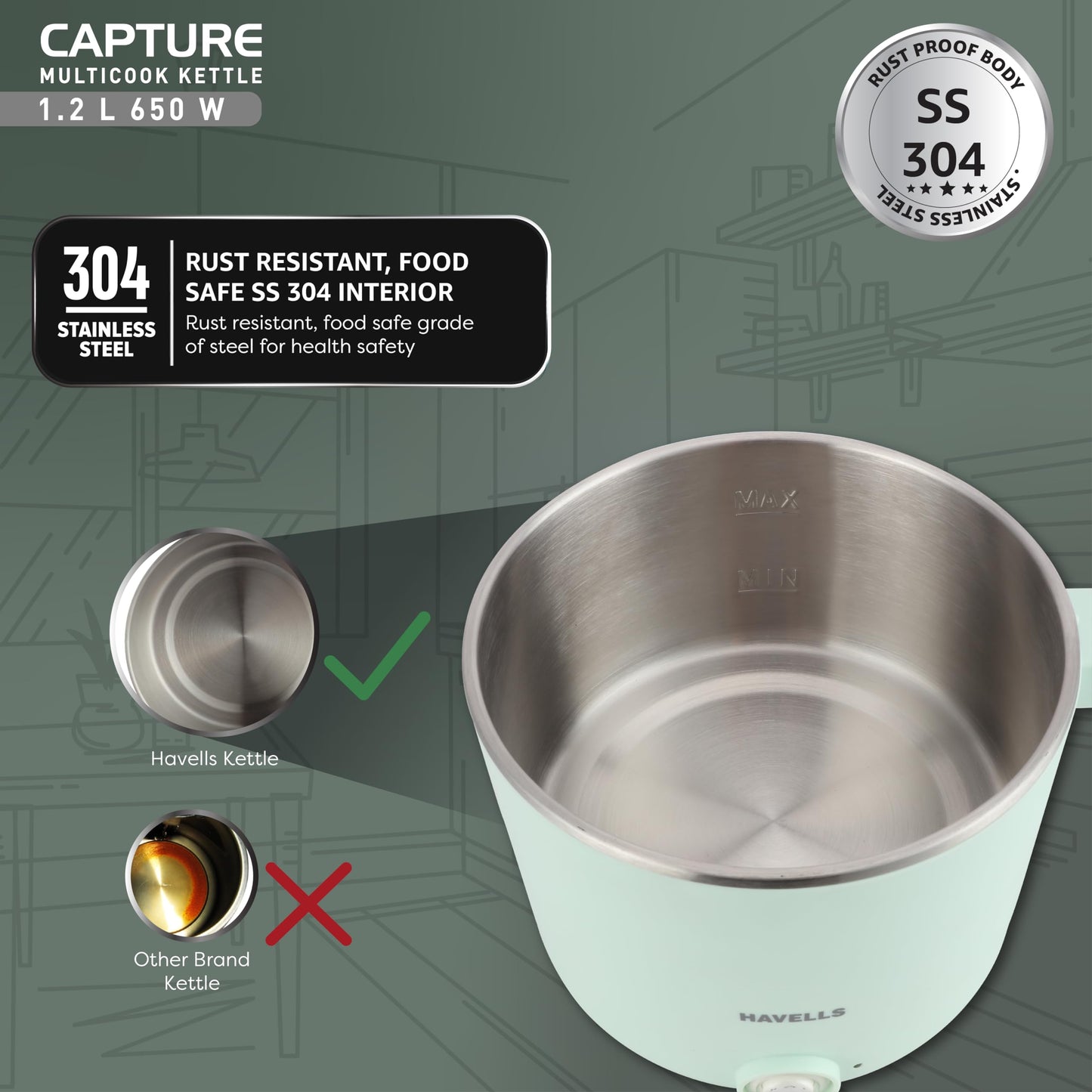 Havells Capture 1.2 L Multi-Cook Electric Kettle with Steamer | 650W |304 Stainless Steel Inner Body|Cooks Noodles, Rice, Milk | Cool-Touch Body | 2-Year Warranty (Green)