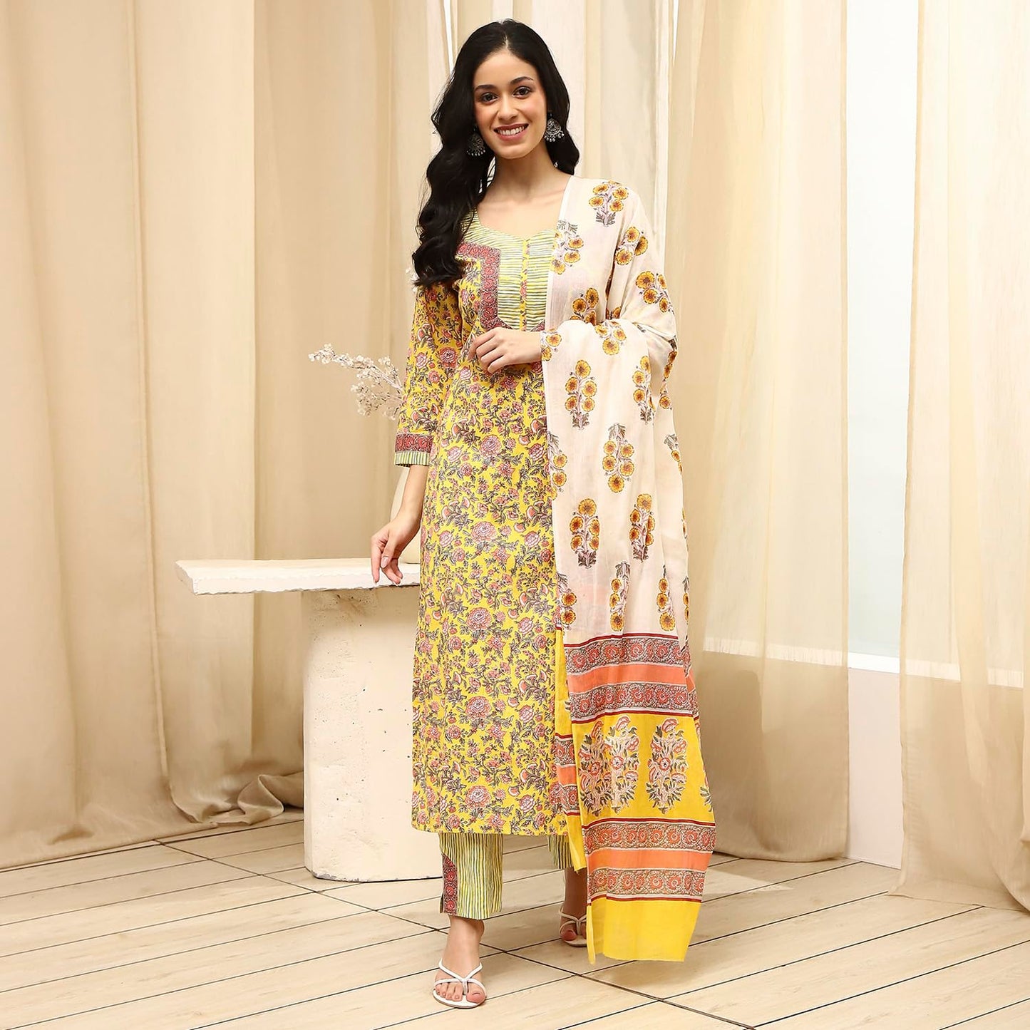 BIBA Women Yellow Cotton Screen Print Unstitched Suit Set_FREE SIZE