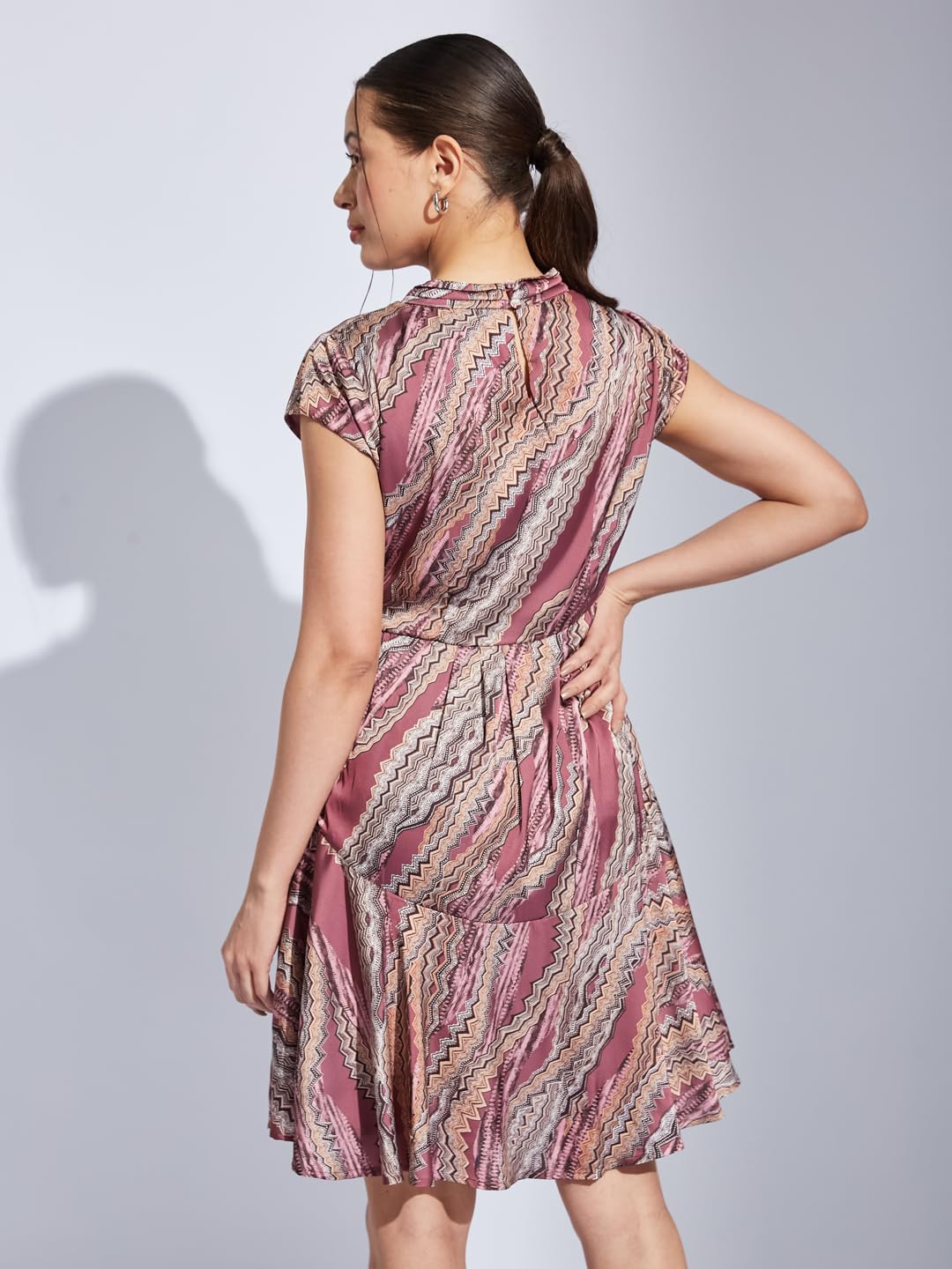 Latin Quarters Women Pink V-Neck Cap Sleeve Printed Fit & Flare Dress for Casual Wear