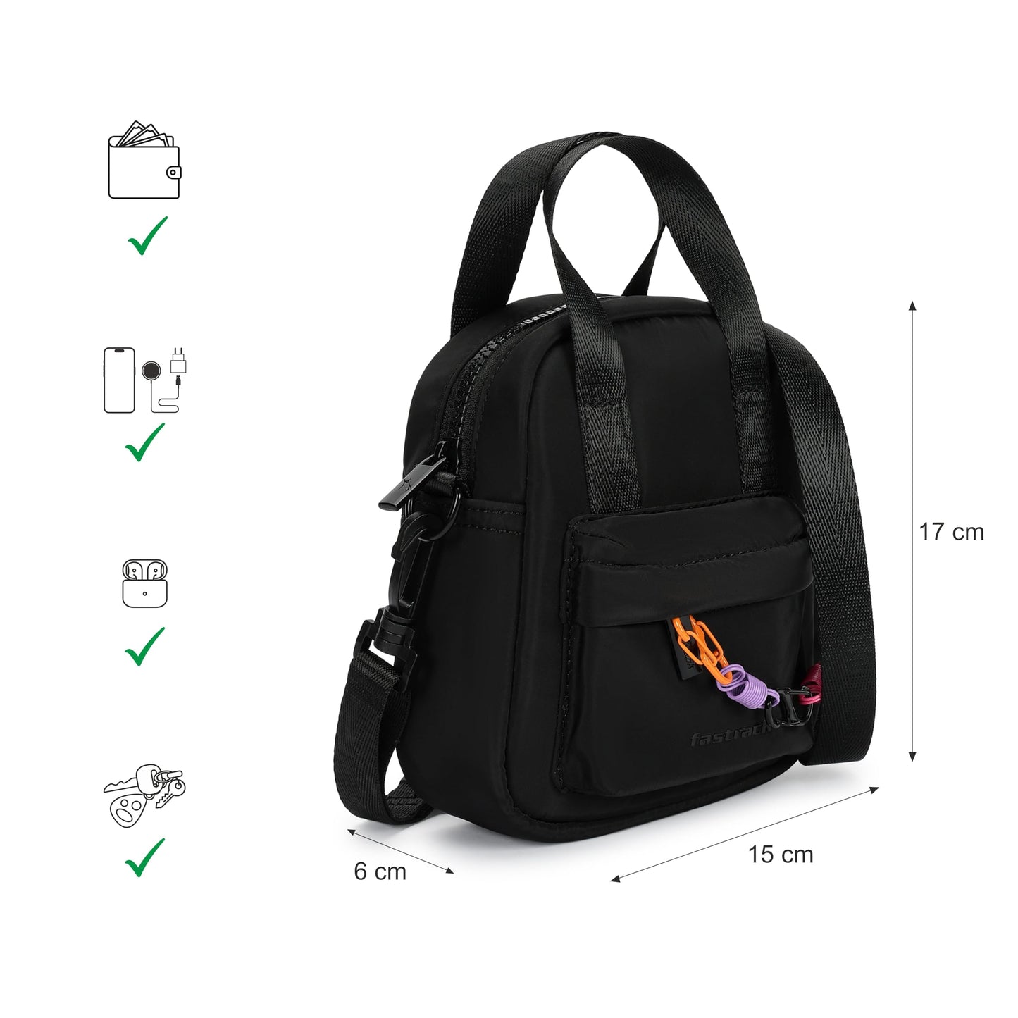 Fastrack Nylon Sling Bag for Women with Bright Chain Detail | Lightweight Crossbody with Zipper Closure, Front Pocket, Detachable Strap | Stylish Everyday Sling for College, Errands, Streetwear Looks