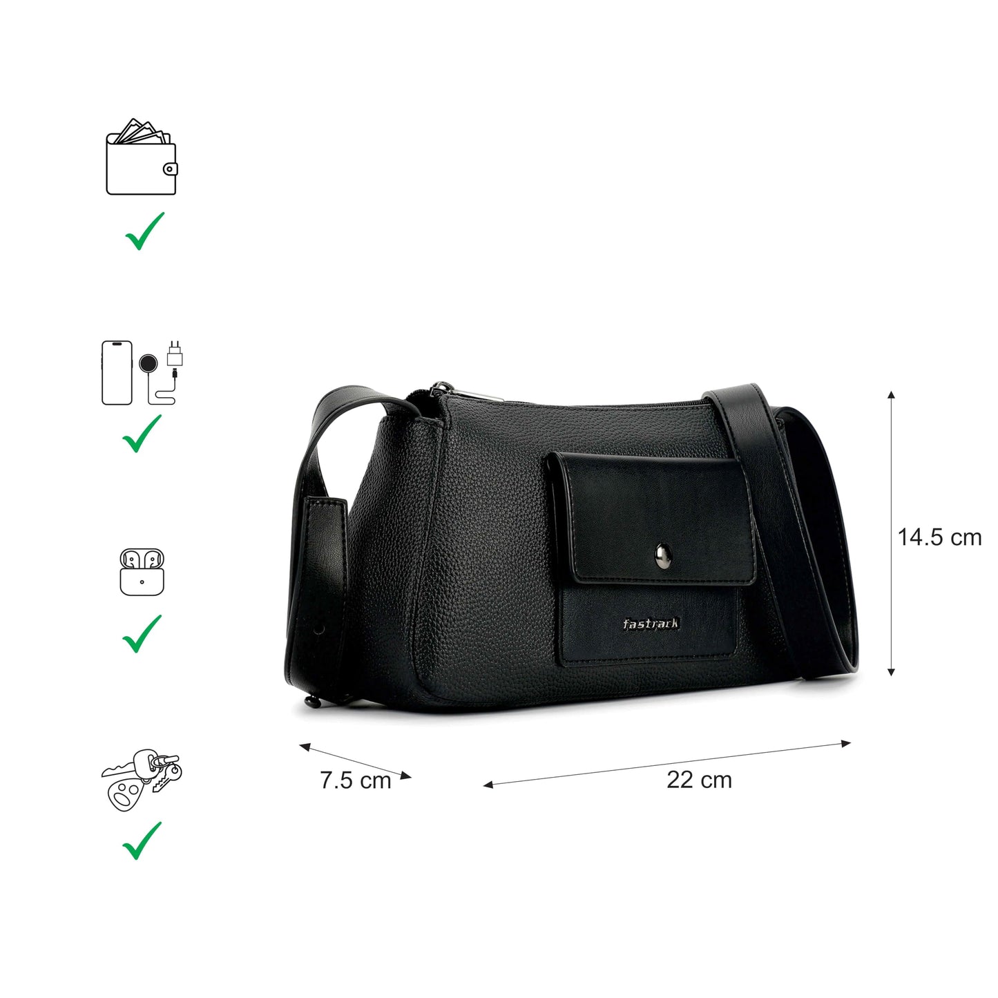 Fastrack Stellar Sling Bag for Women| Faux Leather Sling with Adjustable Belt | Small Grain Texture and Front Button Pocket | Trendy Handbags for Women | Compact Sling for Girls