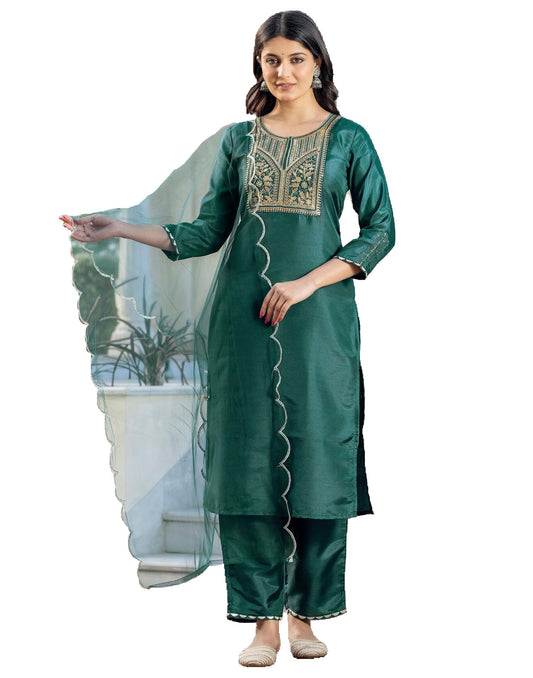 SIRIL Women's Rayon Kurta Set | Sequence Embroidery Straight Kurta with Pant & Dupatta| Kurta Sets for Woman (245KBD2584-S_Dark Green)