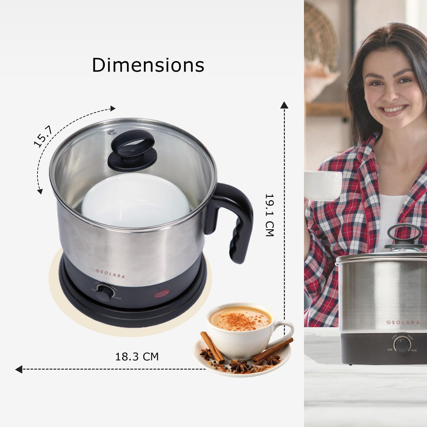 SOLARA Electric Kettle Multipurpose 1.5 Litre, 600 Watts, Stainless Steel Body with Glass Lid, 3 Boiling Modes, for Hot Water, Milk, Tea, Coffee, Cooking Oats, Noodles, Soup, Egg Boiler Machine-Black