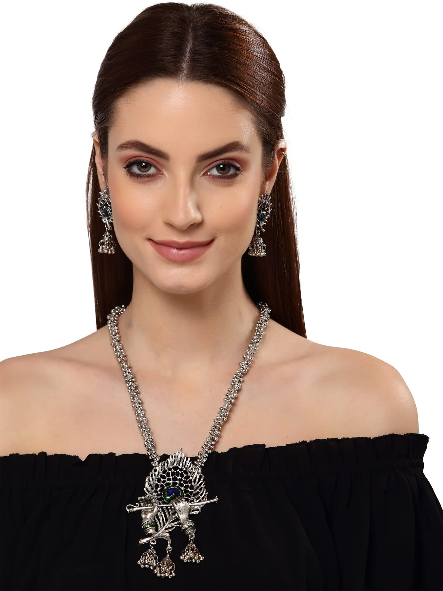Shining Diva Fashion Latest Stylish Design Fancy Traditional Oxidised Silver Necklace Jewellery Set for Women (13165s)