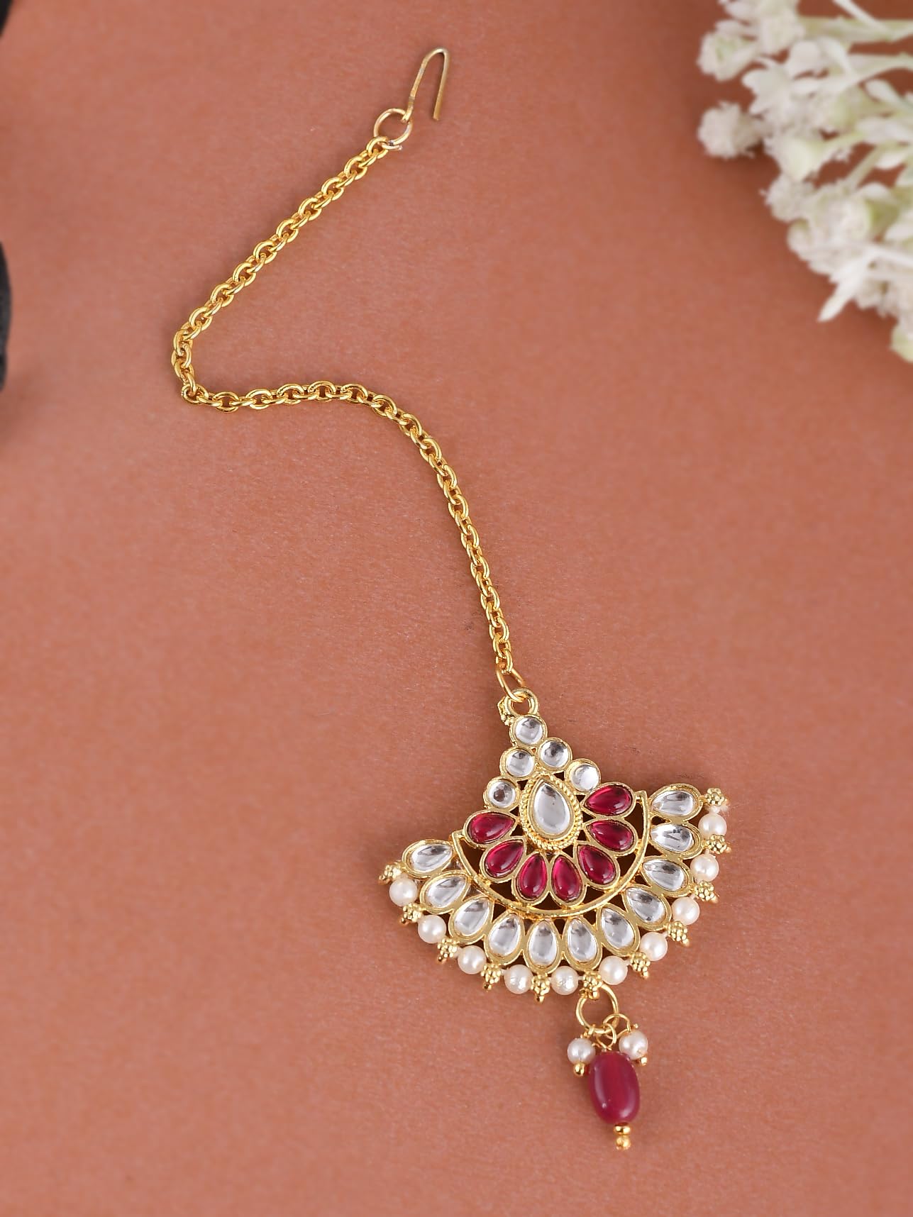 Silvermerc dedign - Gold Plated Ethnic Finish Traditional Kundan Studded Maang Tikka With Pearls For Women/Girls