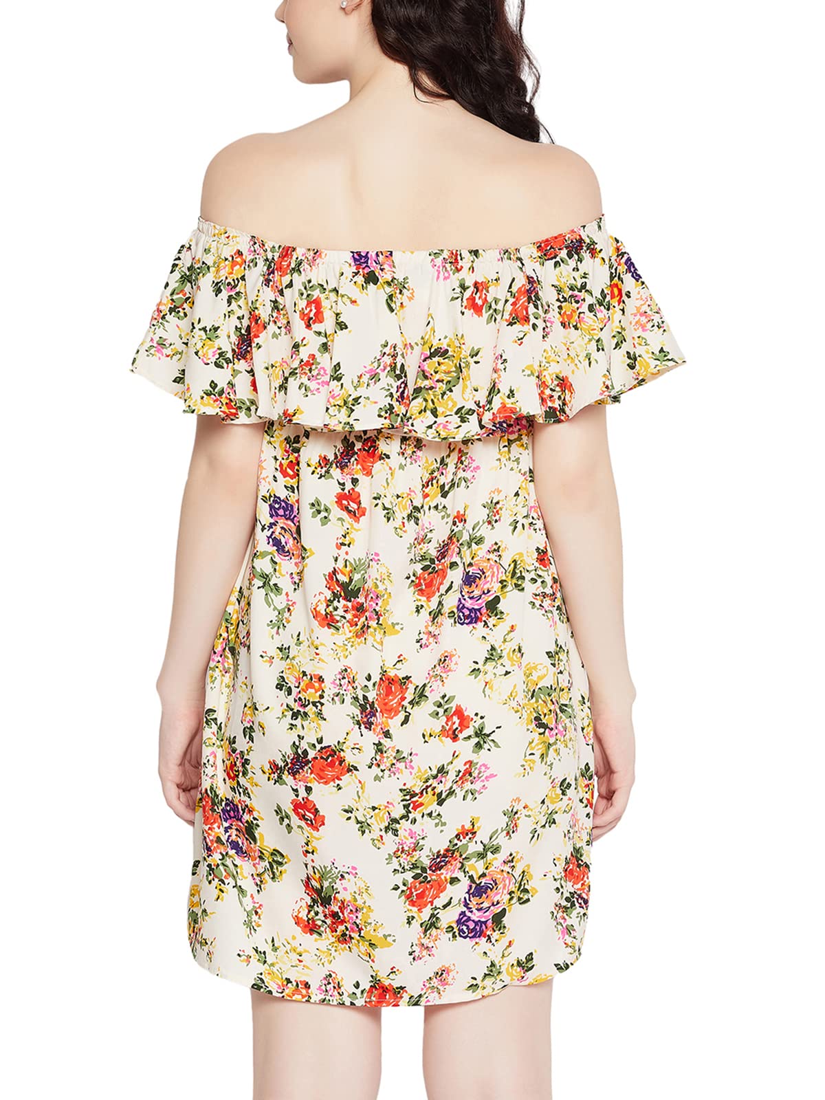Clovia Women's Crepe Pretty Florals Resortwear Bardot Dress (RW0018P18_White_S)