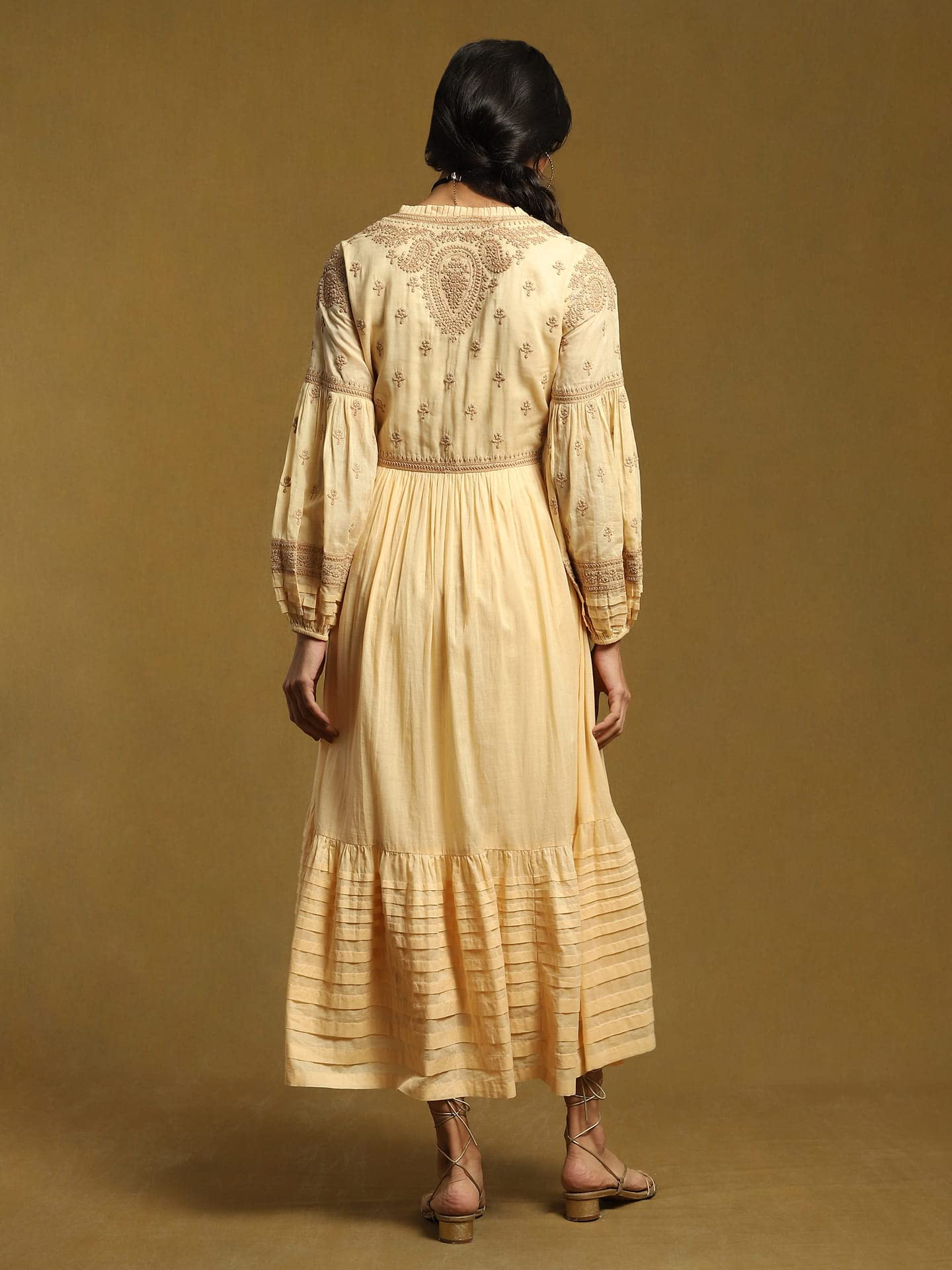 Ritu Kumar Beige Embroidered Tiered Long Dress