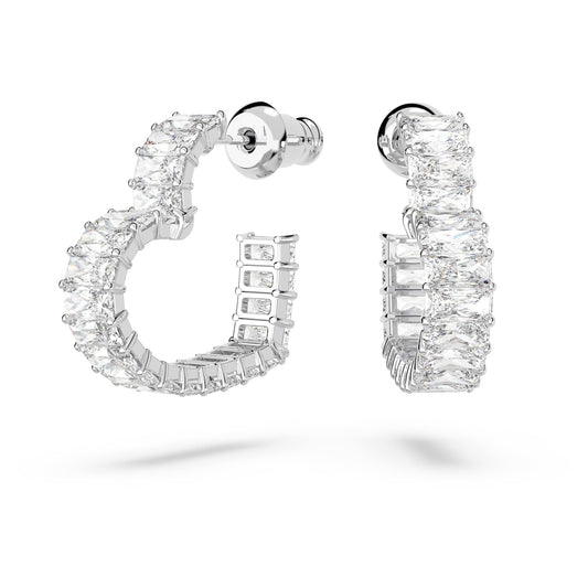 Swarovski Matrix hoop earrings, Heart, Small, White, Rhodium plated