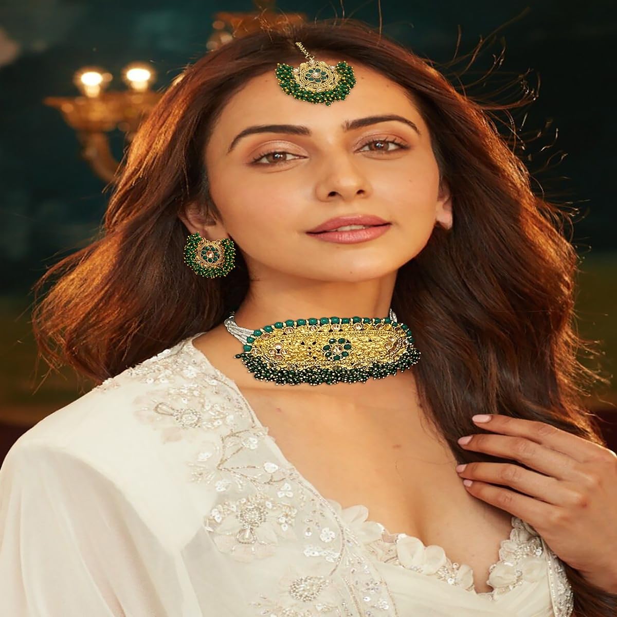 ACCESSHER Gold Plated Green Rajwadi Style Choker Set with Earrings and Maangtikka with a Pair of Gold-Plated Earring Supporter & Maangtikka Supporter Patch Sticker | For Women & Girls