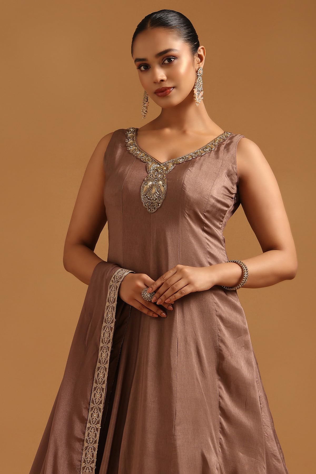 Soch Womens Brown Dola Silk Ethnic Motifs Gown with Cutdana